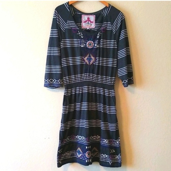 Johnny Was LA Navy Geometric Colorful Embroidered‎ Dress With Sleeves Size Small - Picture 1 of 2